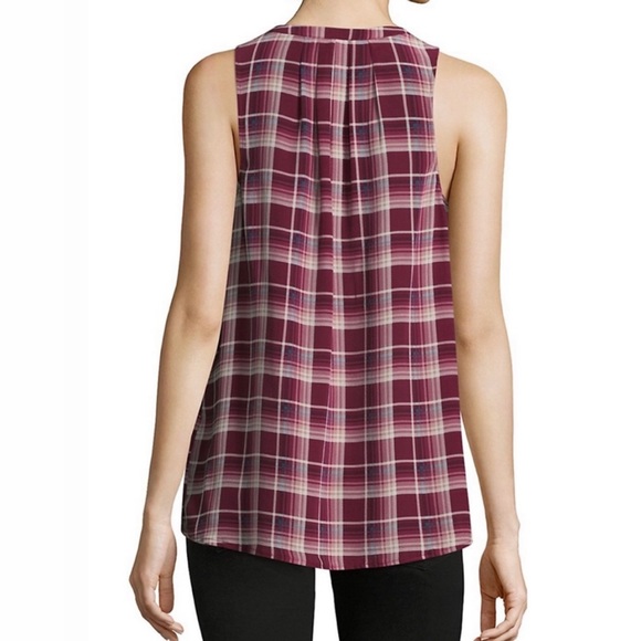 Joie Aruna Silk Sleeveless V-Neck Top Maroon Plaid Size Medium - Picture 2 of 8
